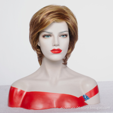 Wholesale natural  stort mix golden and  brown fibre synthetic hair wigs for women